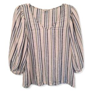 Caslon Blouse White Multicolor Stripe Linen Blend 3/4 Puff Sleeve V Neck Size S